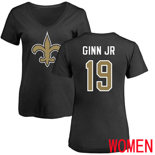 New Orleans Saints Black Women Ted Ginn Jr Name and Number Logo Slim Fit NFL Football #19 T Shirt